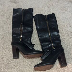 Coach Black Leather Heeled Boots with Tassel